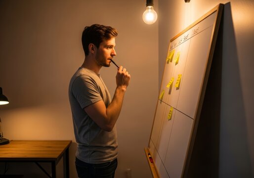 Man planning strategy on task board in warm, atmospheric workspace
