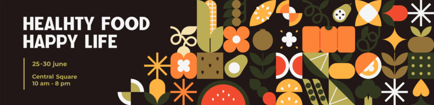 Neo geo design of advertising banner of farmer market. Promotion template with grid of fruit and vegetables in cubism style. Layout with geometric healthy farm food. Flat vector illustration
