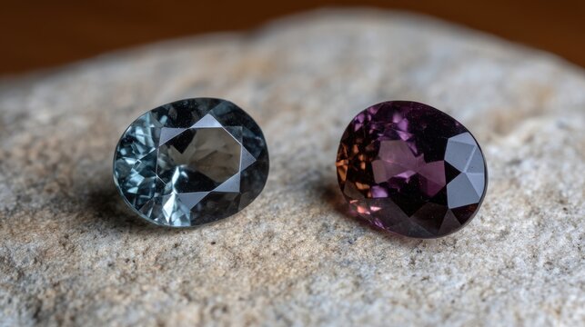 Two gemstones, one blue and one purple, resting on a textured stone surface. The gems are cut in an oval shape, showcasing their brilliance and clarity.