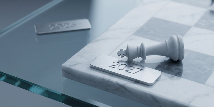 Strategic Chessboard Vision: A captivating composition presents a strategic view, featuring a defeated king piece next to a silver marker showcasing the year 2027 on a glass chessboard.