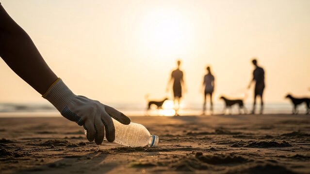 Serene beach scene at sunset with a person collecting seashells on the shore and dogs playing in the background creating a peaceful coastal environment