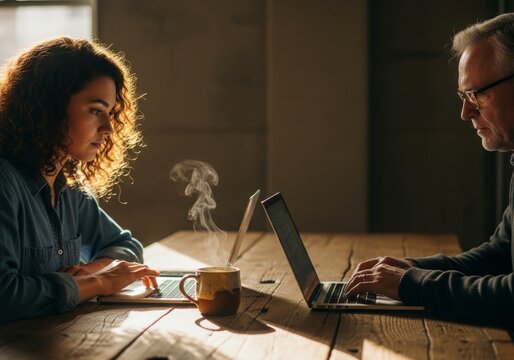Focused colleagues collaborating with laptops and coffee in warm morning light