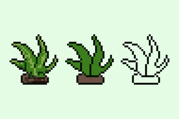 Obraz premium A professional pixel art sprite of a green succulent or plant, featuring three different styles: fully shaded with highlights, flat colored, and a clean black outline. 
