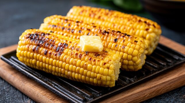 Grilled corn on the cob with melted butter placed on a black grill plate, showcasing golden kernels with charred marks, presented on a wooden cutting board against a dark textured background