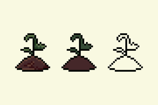 A unique pixel art sprite featuring a sprout with two spiral-shaped leaves emerging from a soil base. This asset includes three professional styles: a detailed shaded version with texture and depth.