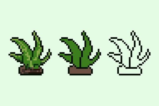 A professional pixel art sprite of a green succulent or plant, featuring three different styles: fully shaded with highlights, flat colored, and a clean black outline. 