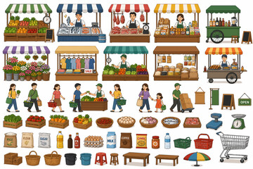 Naklejka premium Marketplace scene with various stalls and goods, vibrant illustration