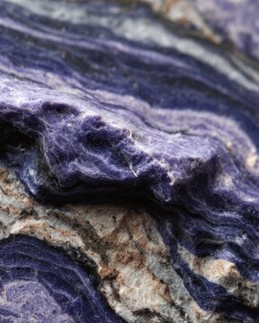 Close-up of a purple and gray mineral rock with layered textures. The surface displays intricate patterns and natural formations.