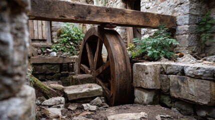 Obraz premium A rustic wooden water wheel stands in a stone structure, surrounded by greenery. The scene evokes a sense of history and nature.
