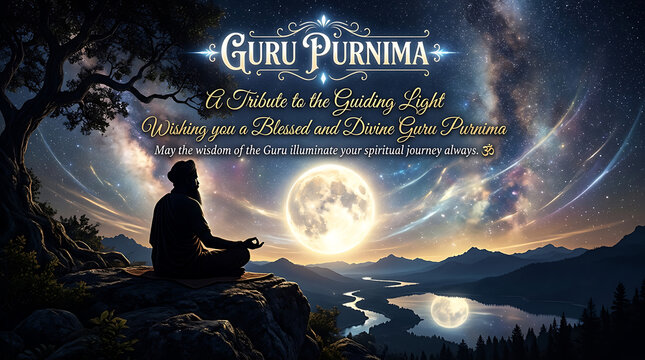  Mystical Guru Purnima silhouette composition featuring celestial guru beneath luminous galaxy skies and graceful English wish typography beautifully illuminated tonight