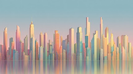 Fototapeta premium Pastel-hued cityscape reflected on calm water at twilight