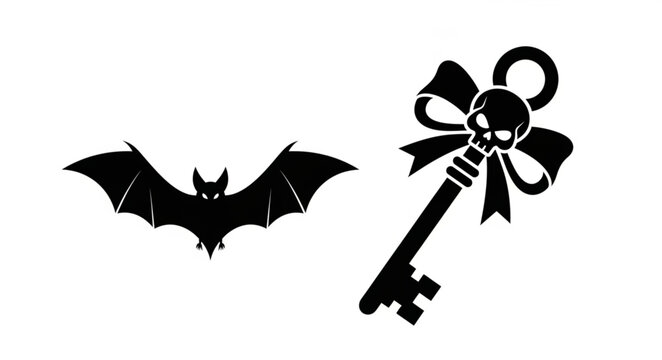 Black bat and skeleton key icon.