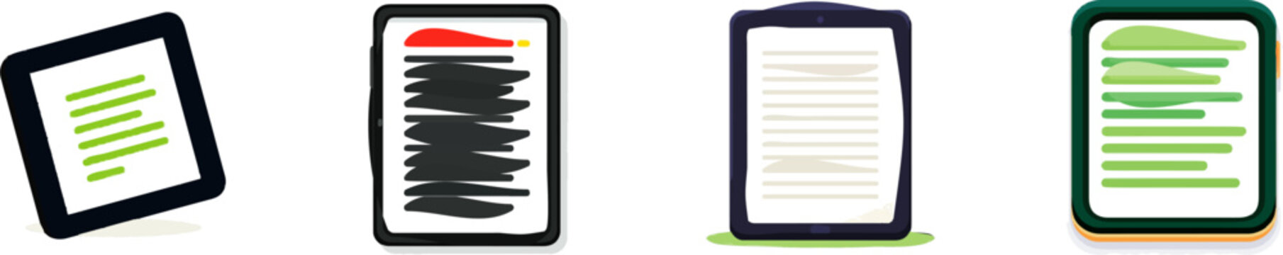 A flat tablet screen displays rows of generic text in bold solid colors against a minimalist 2D design with clean smooth lines on a pure white background
