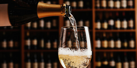 Obraz premium Sparkling wine poured from bottle into glass. Background shows cellar with many wine bottles. Bubbles form in glass creating festive mood. Perfect for celebrations and special events.