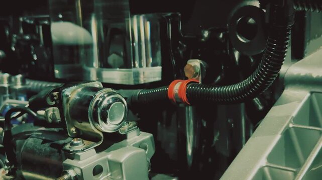 Close-up of vintage mechanical engine components and metal details