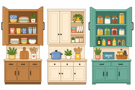 Kitchen cabinets with shelves and drawers filled with dishes and food
