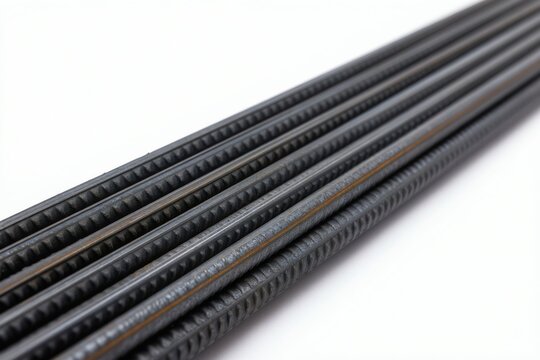 Straight steel rebar rods arranged in parallel on clean white surface. Textured, ribbed pattern visible, indicating strength, material for construction projects, industrial applications. Useful for