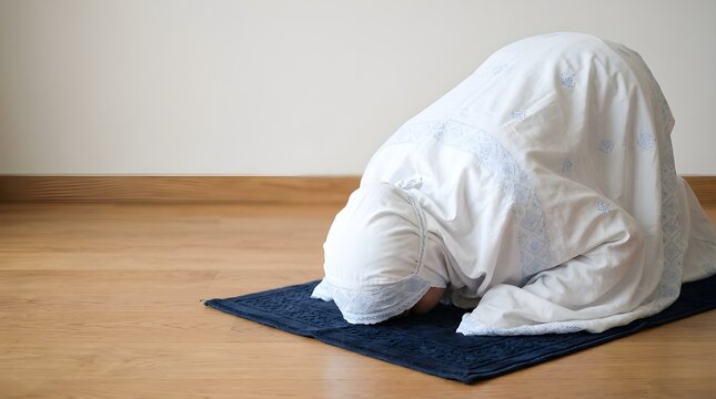 Muslim woman in white prayer robe performing prostration on a blue prayer mat indoors