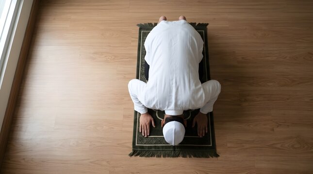 A peaceful moment of Sujud during Muslim prayer, top-down perspective on wooden floor