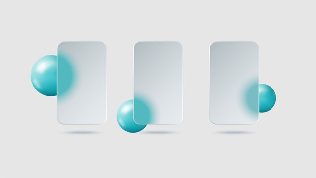 Matte glass frame with a trendy morphism effect. Modern subscription plan table template. Transparent blurred glass panel with 3D balls