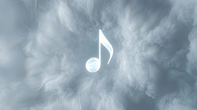 Abstract Musical Note Surrounded by Soft Swirling Clouds in Ethereal Grey and White Background