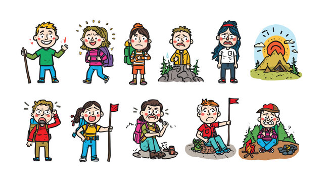 Hikers' Emotions: A collection of lively illustrations captures the gamut of emotions experienced by hikers, from excitement to exhaustion, set against a backdrop of nature's beauty.
