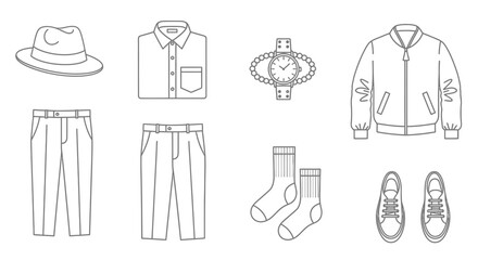 Fototapeta premium Collection of men's clothing and accessories including a hat, pants, shirt, socks, watch, jacket, and shoes