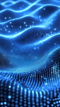 Abstract glowing blue wavy background with digital dots and network particles for technology design and future connectivity concepts.