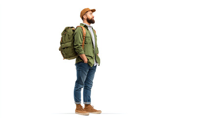 Naklejka premium A man with a backpack stands confidently, embodying a spirit of adventure and exploration amidst a minimalist background.