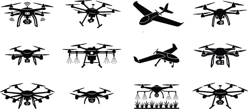 Various drones flying over different terrains isolated on white background, Vector