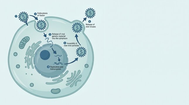 Diagram illustrating the replication cycle of a virus within a host cell, showing entry, replication, and release of new viral particles.