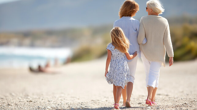 Rear view of three generations of women walking together on a beach, grandmother mother daughter concept, intergenerational female bond, beach family holiday, defocused background, with