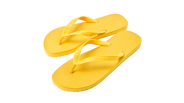 Pair of yellow flip-flops for summer beach vacation and relaxed poolside leisure activities lifestyle isolated on transparent background