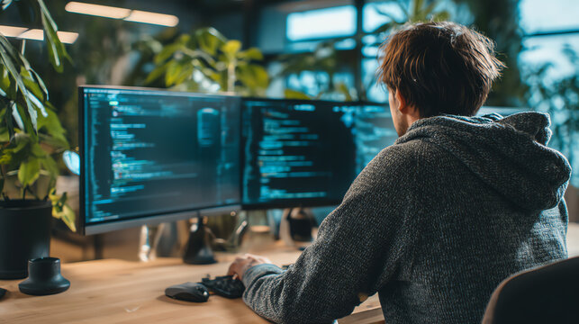 A programmer working on dual monitors surrounded by plants, focused on coding in a modern office environment.