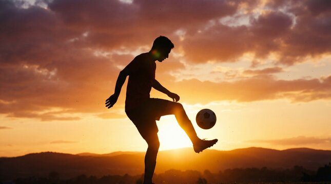 Silhouette of a young man practicing football skills at sunset with a beautiful sky.