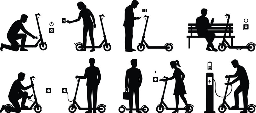 People using electric scooters in various scenarios isolated on white background, Vector