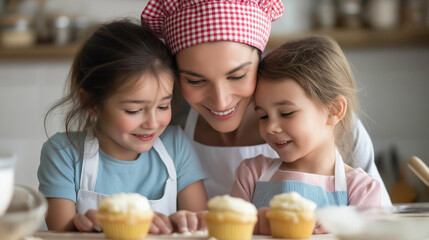 Fototapeta premium Close-up of a mother and children baking cupcakes together in a bright kitchen, family cooking concept, baking with kids, creative parent and child activity, defocused background, with copy