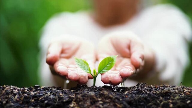 Woman watering young plant from palms. Green seedling in wet soil. Female hand drip watering green sprout in fertile soil. water feeding plant seedlings.