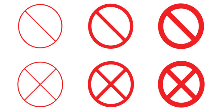 Red prohibition and no entry sign icon set. Isolated vector illustration of blank forbidden and stop symbols in thin, medium, and thick circle styles for safety regulation signage.