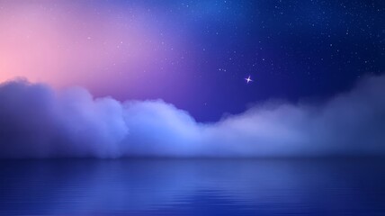 Obraz premium Night sky with fluffy clouds and glowing stars above tranquil ocean surface reflecting deep blue celestial light over horizon.