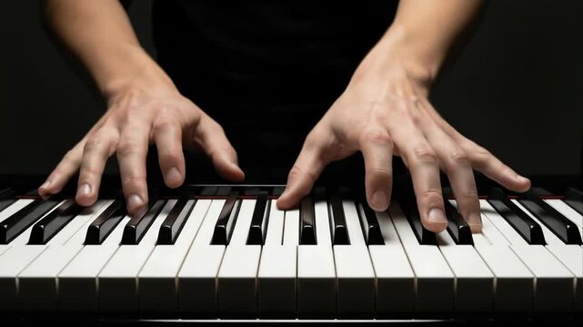 Close up of hands playing a piano with focus on the keys.
