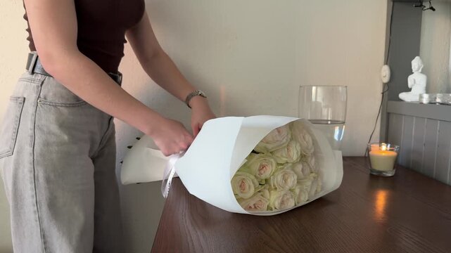 Girl's hand gently unties decorative ribbon, revealing fresh delicate white rose bouquet, unwrapping thoughtful surprise, preparing beautiful floral gift on natural wood surface.
