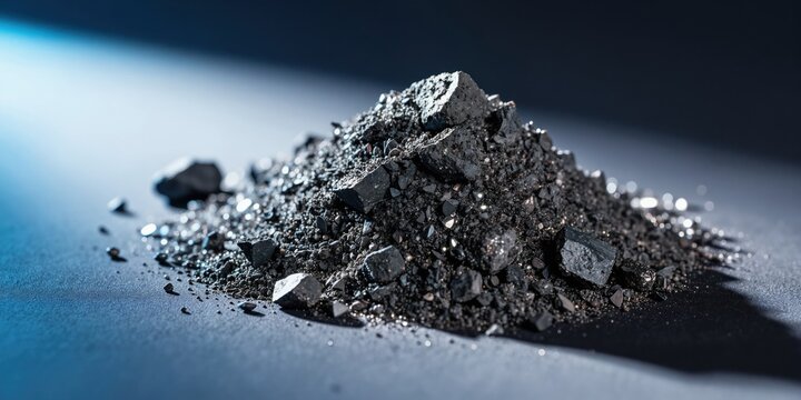 Pile of dark gray lithium ore minerals and powder. Raw materials for battery production, electric vehicles, energy storage. Resource extraction, mining industry.