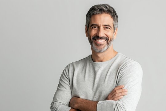 Mature man with grey hair and beard smiles warmly. He has arms crossed and wears a casual grey shirt. Image features a neutral background, perfect for various concepts.