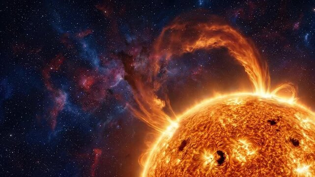 Sun unleashing powerful solar flare, magnetic storm, coronal plasma eruption, radiating intense electromagnetic energy, disturbing Earth magnetosphere, distant nebula, cosmic stellar gas field.
