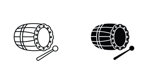 Bedug traditional drum with single mallet icon set in outline and solid black vector for percussion