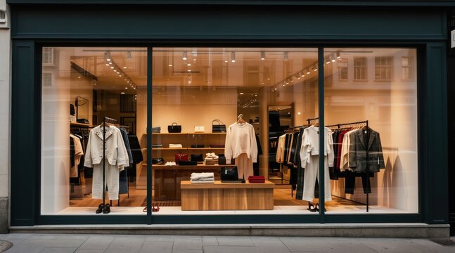 Modern storefront displays minimalist womenswear collection. Chic boutique features neutral toned apparel, accessories, bags on wooden shelving, racks. Clean design promotes peaceful shopping