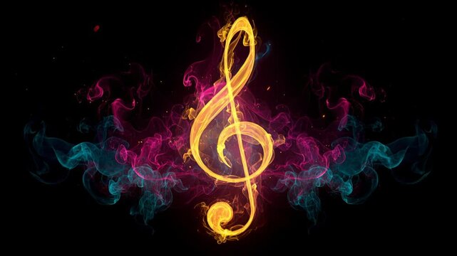 Vibrant Neon Treble Clef Surrounded by Colorful Smoke Effects in a Dark Backdrop Creating an Energetic Atmosphere