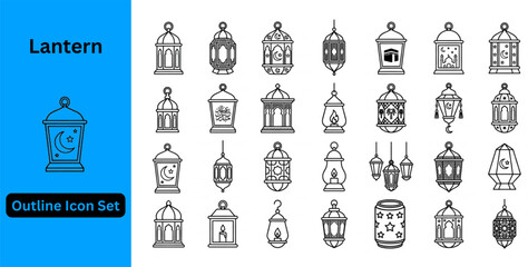 Islamic Lantern outline icon set. Islamic Lantern icon set. Traditional Ramadan lanterns outline icon set. Minimalist outline hanging lantern icon set.  © Tuhin