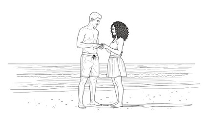 Obraz premium Couple standing on beach looking at 2D CAD designed object together